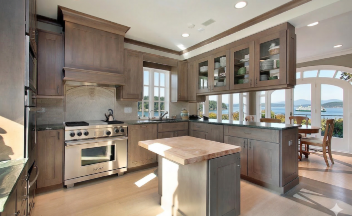Puget Sound is visible outside the windows of this gorgeous remodeled kitchen.