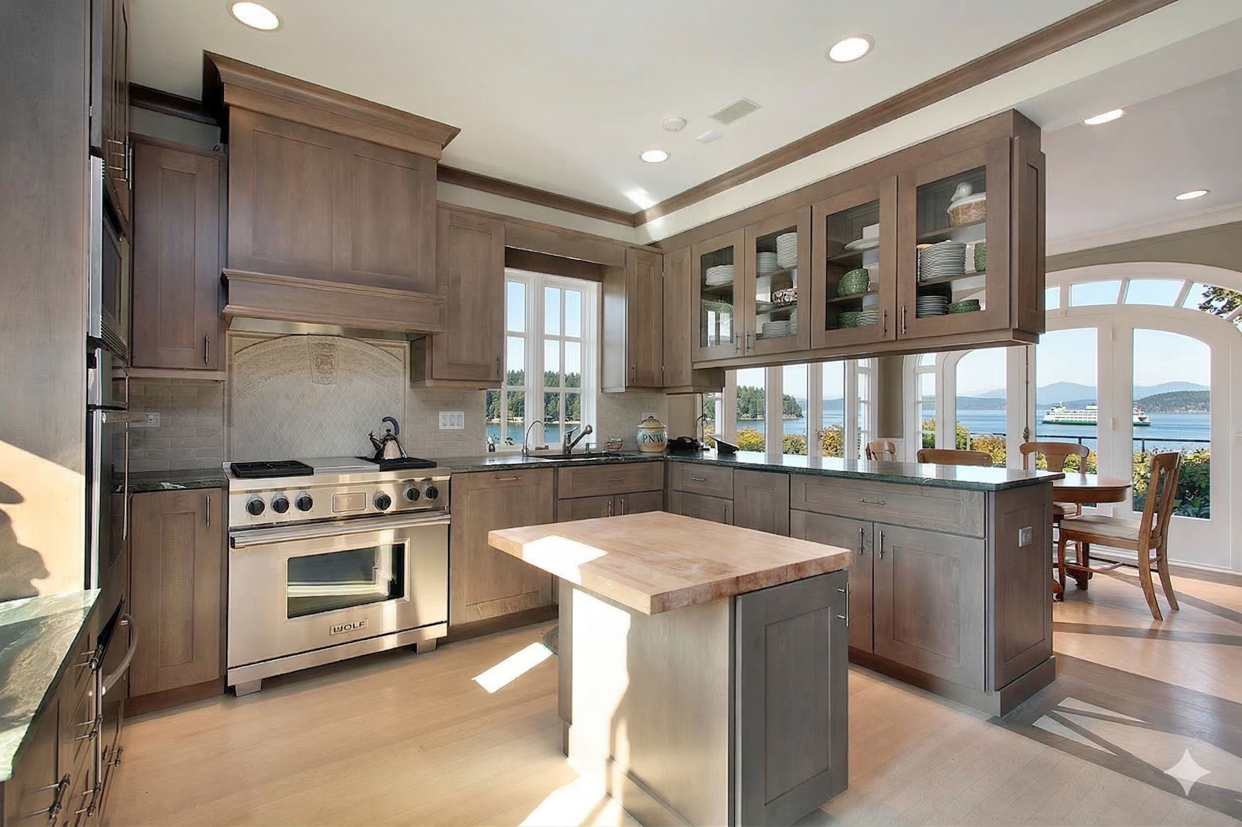Puget Sound is visible outside the windows of this gorgeous remodeled kitchen.
